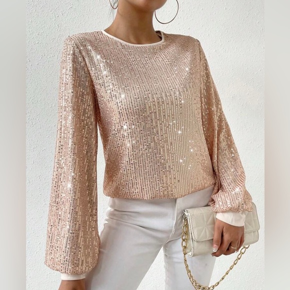 SHEIN - Champagne Sequin Long Sleeve Top - size M - NWOT - Picture 5 of 16
